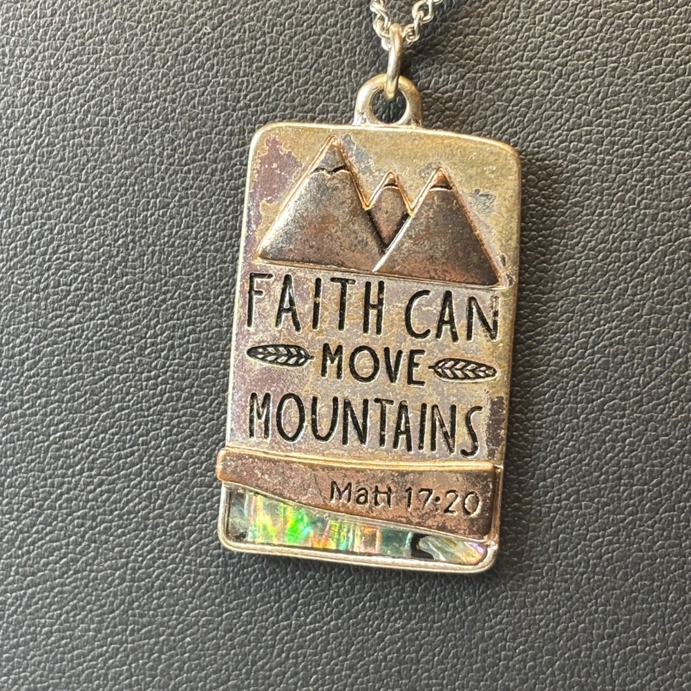 Faith Can Move Mountains Necklace Silver Bible Verse Abalone Boho Statement Goth